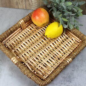 Basket Square Woven Wicker & Jute Tray Rustic Farmhouse Boho Table Serving